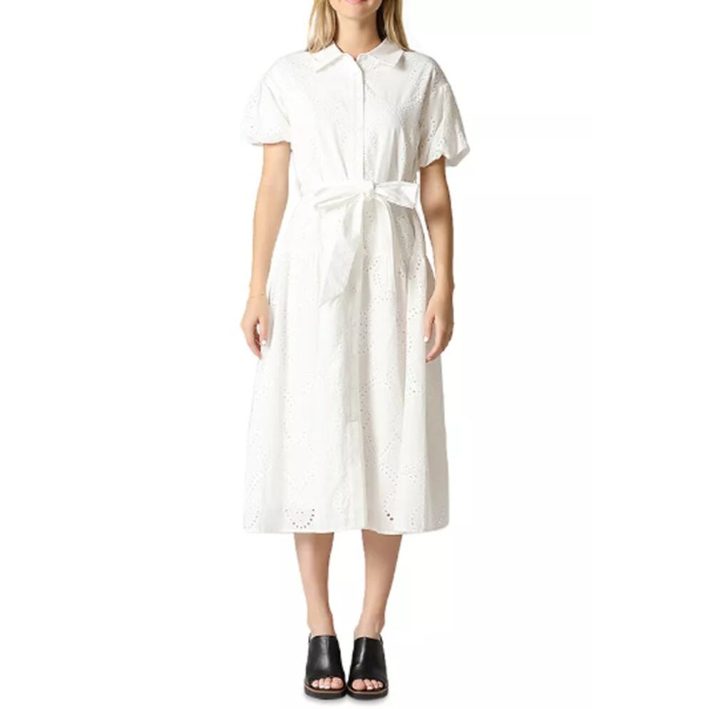 New GRACIA Women's White Eyelet Cotton Tie Waist Midi Dress Size Small SO GOOD